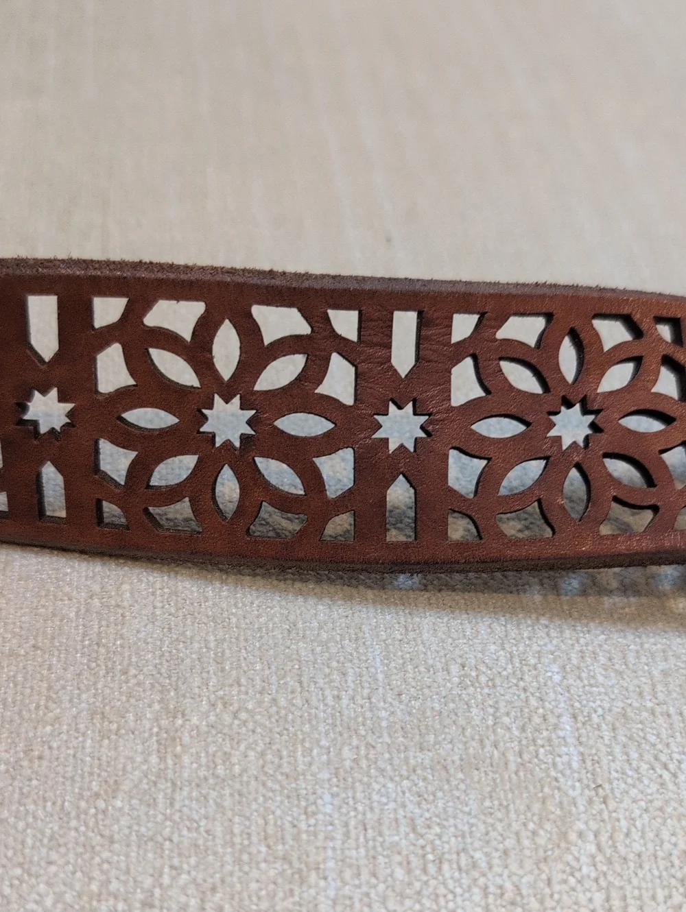 Brown Laser-Cut Floral Leather Belt Gunmetal Buckle Adjustable